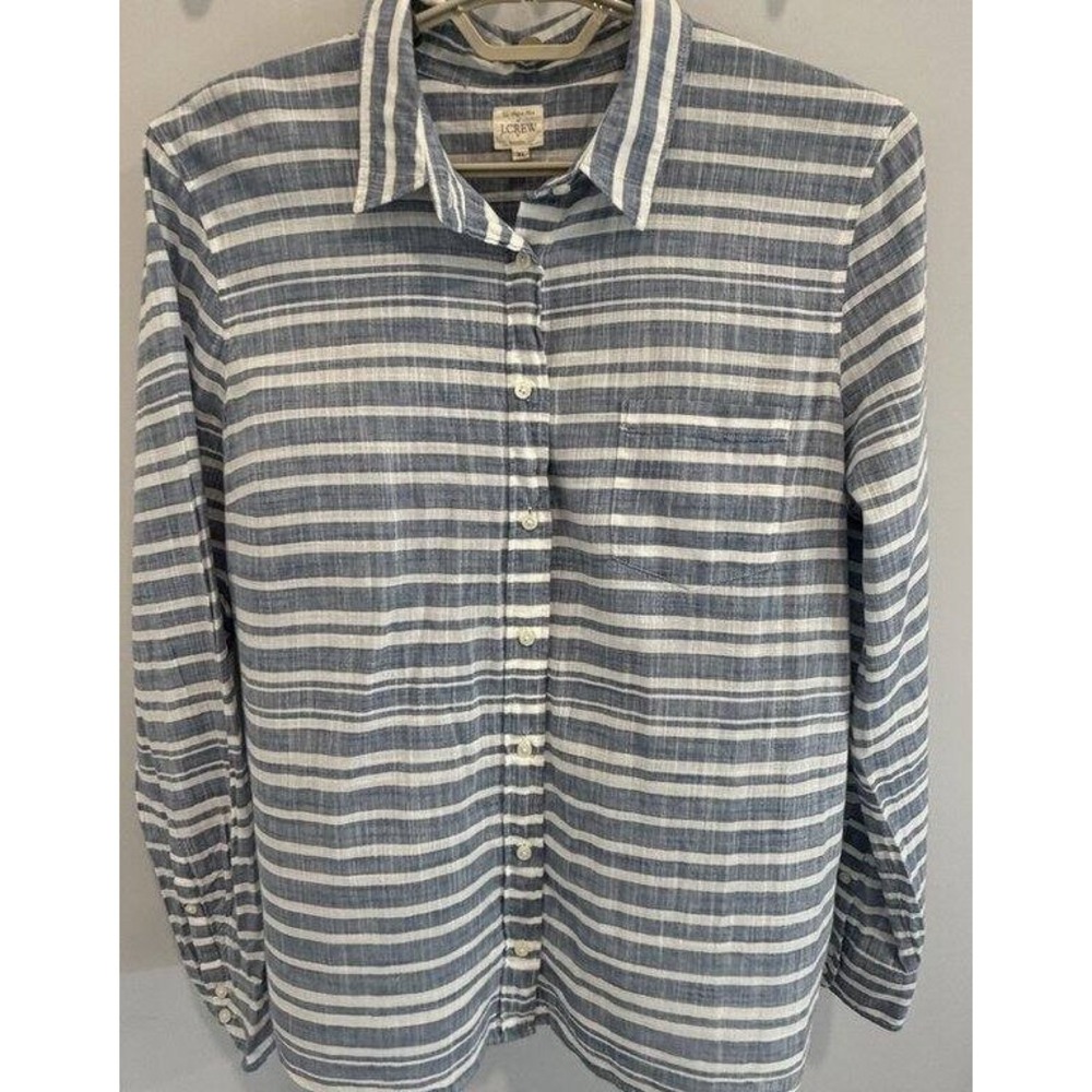 J Crew Womens The Perfect Shirt Light Blue White Stripe Cotton Button Shirt XL